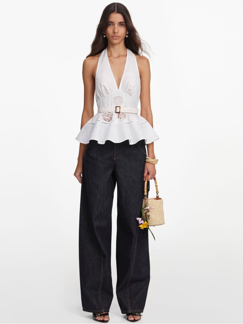 NWOT Self-Portrait white linen peplum top - Picture 6 of 7